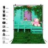 10x12ft Spring Garden Green Grass Floor Backdrop,Green Wood Door Colorful Flower Wall Green Leaves Nature Scenery Photography Background A Vibrant Garden Backdrop view 2