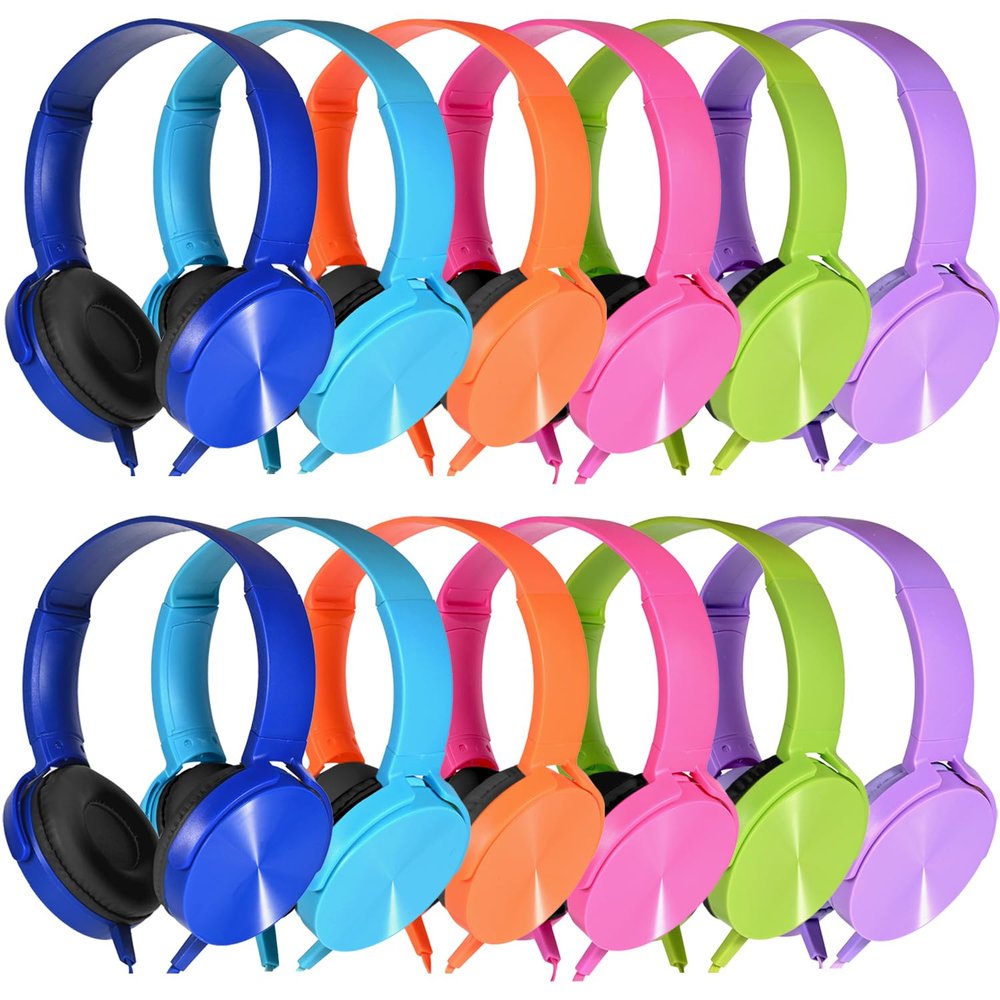 Bulk Headphones 12 Pack for School Classroom Kids K-12, Wholesale Wired Durable Computer Earphones Class Set for Students Children Toddler Teens Boys Girls and Adult (HY450, 12 Mixed)