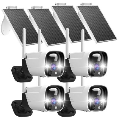 Rraycom 4 Pack Security Cameras Wireless Outdoor Solar Powered with AI Detection, 2K Color Night Vision Security Camera with 2 Way Audio, Alexa, No Monthly Fee, Spotlight & Siren, IP65 Waterproof