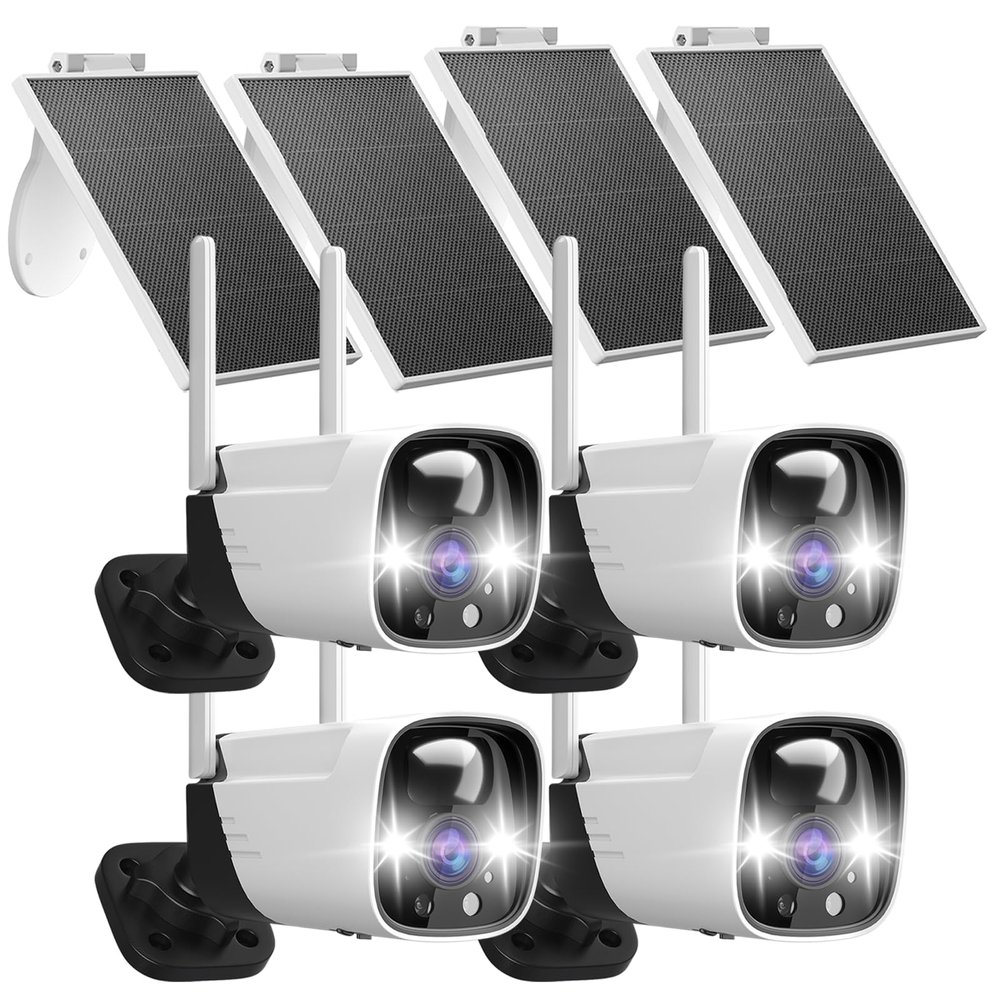 Rraycom 4 Pack Security Cameras Wireless Outdoor Solar Powered with AI Detection, 2K Color Night Vision Security Camera with 2 Way Audio, Alexa, No Monthly Fee, Spotlight & Siren, IP65 Waterproof