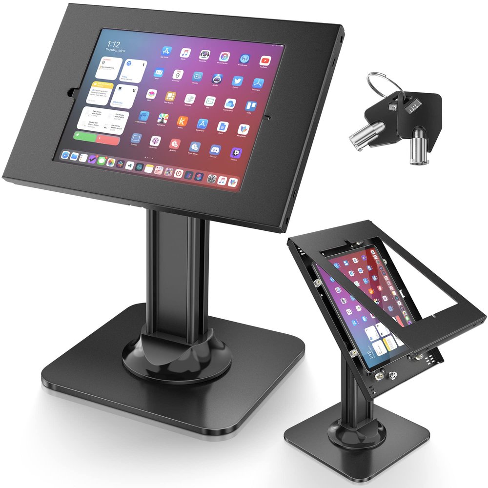 AboveTEK Anti-Theft iPad Kiosk Stand  POS iPad Security Stand & Locking Tablet Holder  Heavy Duty Base, 360 Swivel, 75 Tilt Bracket  Perfect for Retail Business (Black)