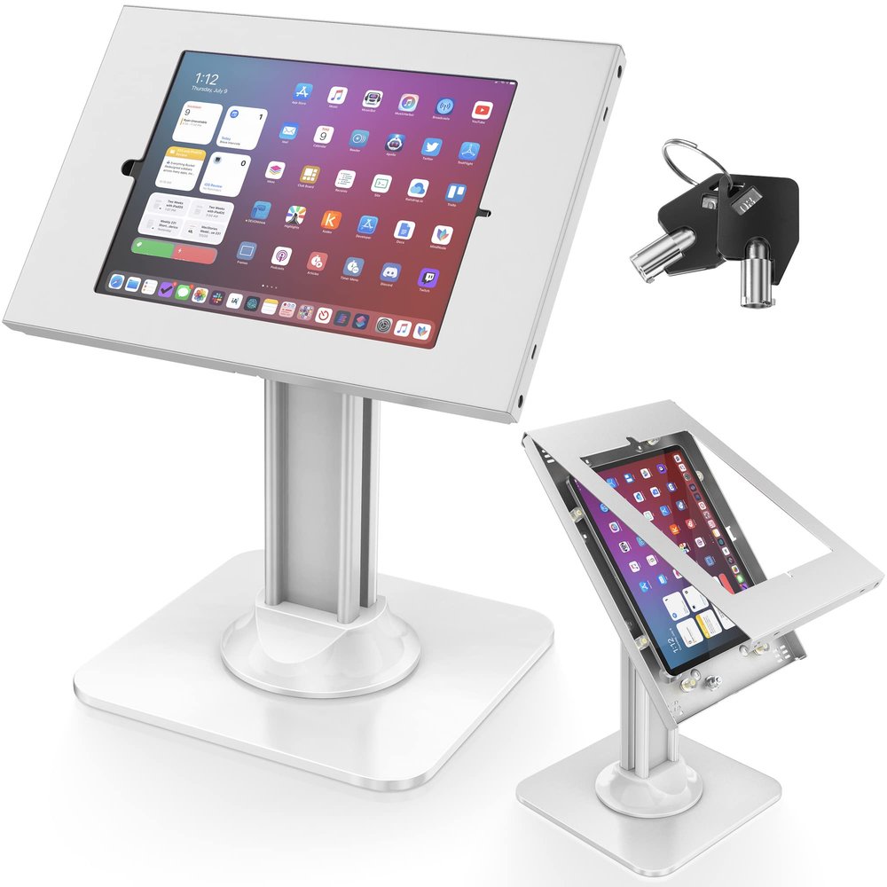 AboveTEK Anti-Theft iPad Kiosk Stand POS iPad Security Stand & Locking Tablet Holder Heavy Duty Base, 360 Swivel, 75 Tilt Bracket Perfect for Retail Business (White)
