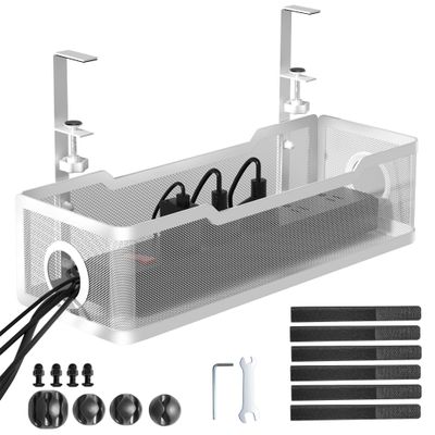 Under Desk Cable Management Tray White, Cinati Wire Organizers No Drill, Cable Tray with Clamp for Wire Management, Cord Organization Box for Office, Home - No Damage to Desk