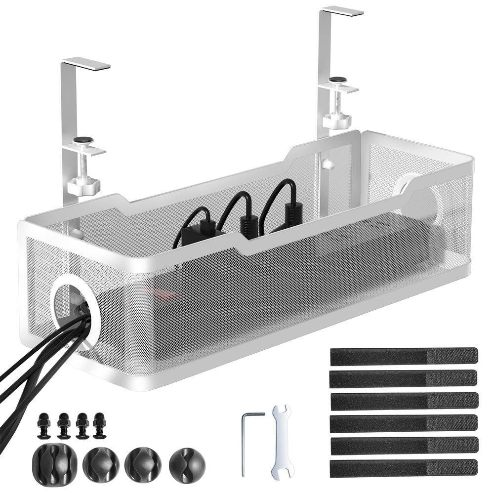 Under Desk Cable Management Tray White, Cinati Wire Organizers No Drill, Cable Tray with Clamp for Wire Management, Cord Organization Box for Office, Home - No Damage to Desk