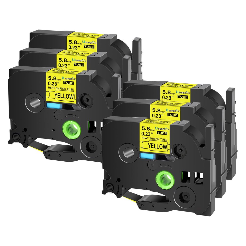 USUPERINK 6PK Compatible for Ptouch HSe-611 HSe611 HS-611 HS611 Black on Yellow 5.8mm 0.23'' Heat Shrink Tubing for Wire Cable for PT-P950NW PT-Cube PT- P910BT Label Maker Tape