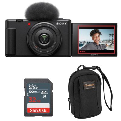 ZV-1F Vlogging Camera, Black, Bundle with SanDisk Extreme 32GB SD Card, Camera Bag for Point and Shoot Camera and Accessories, Complete Sony Digital Vlog Camera Kit (3 Items)