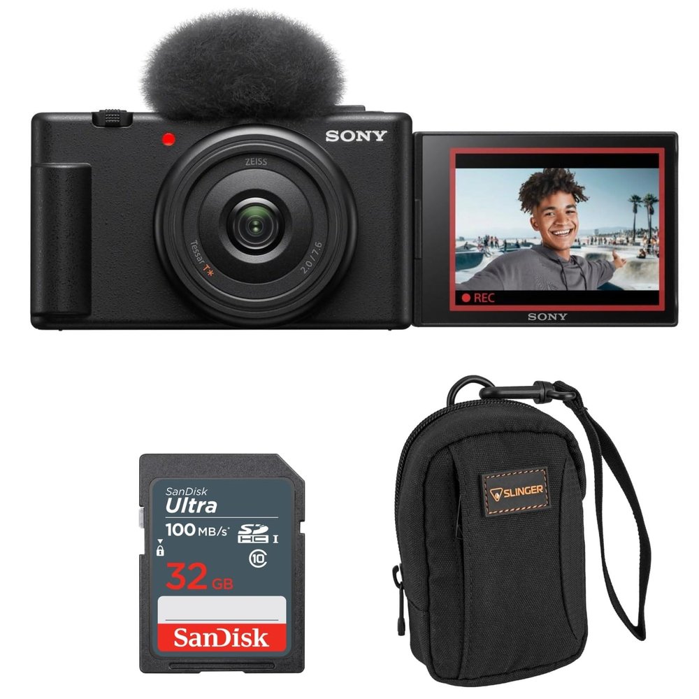 ZV-1F Vlogging Camera, Black, Bundle with SanDisk Extreme 32GB SD Card, Camera Bag for Point and Shoot Camera and Accessories, Complete Sony Digital Vlog Camera Kit (3 Items)
