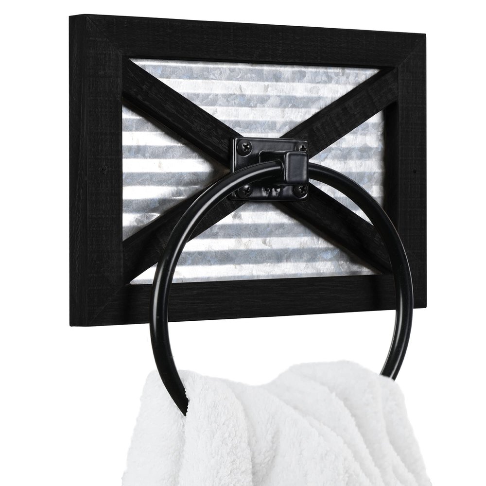Autumn Alley Farmhouse Decor Hand Towel Ring for Bathroom - Rustic Hand Towel Holder - Rustic Towel Rack Ring Holder, Wall Mounted, Bathroom Decor Towels Mix of Wood, Galvanized Metal, Black Wood