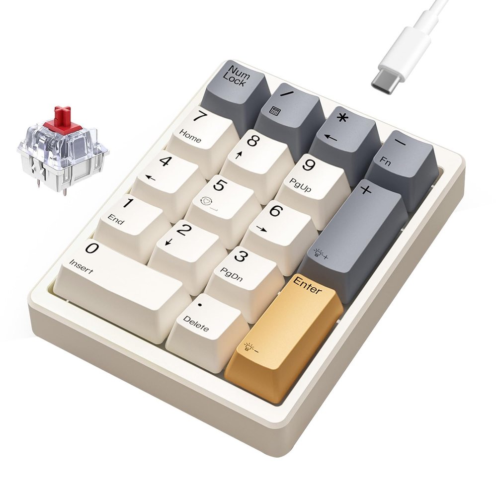Kisnt KN17 Wired Mechanical Number Pad- 17 Keys Hot Swappable Numpad with White Backlight& PBT Keycaps for Laptop PC Compact Keyboards(Retro Beige, Red Switch)