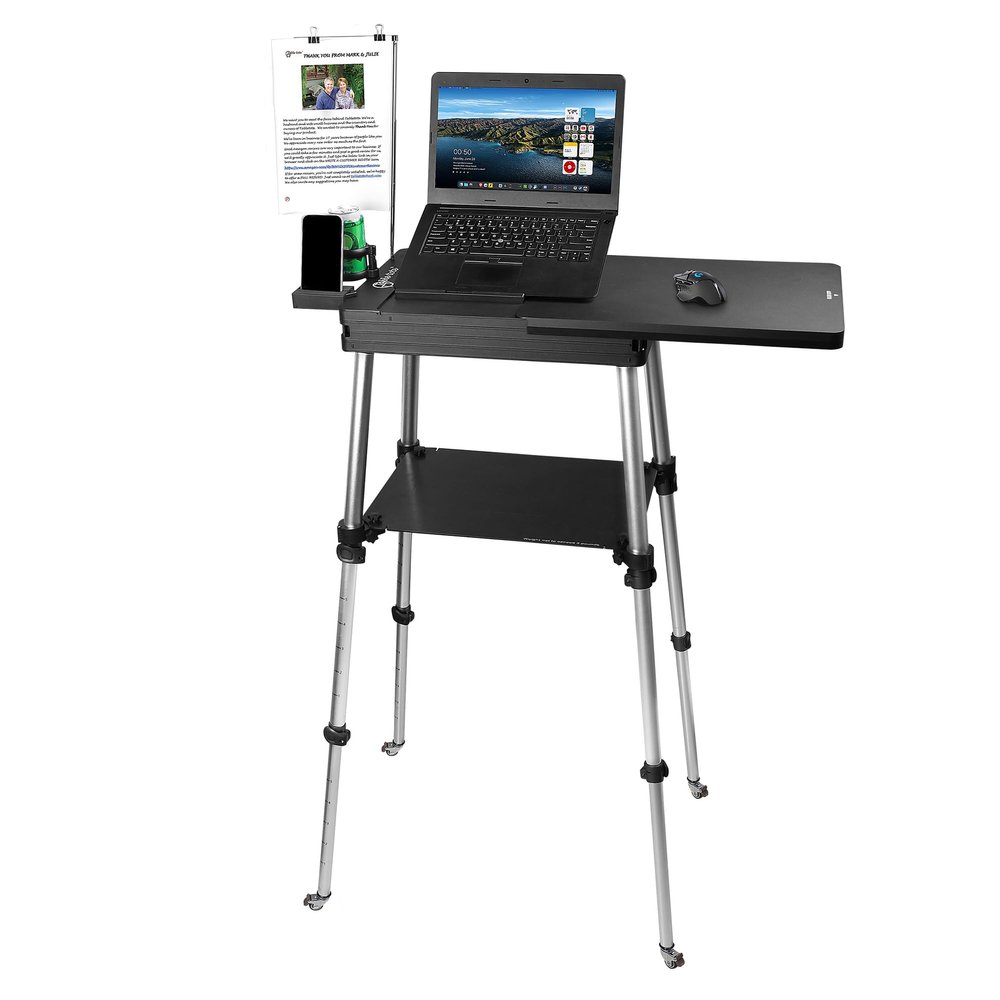 Portable Mobile Standing Laptop Desk - Sit Stand Travel Desk, Height Adjustable 19-49 inches, Rolling Laptop Table Workstation with Wheels, Cup & Phone Holder, Compact Design for Home Office Travel
