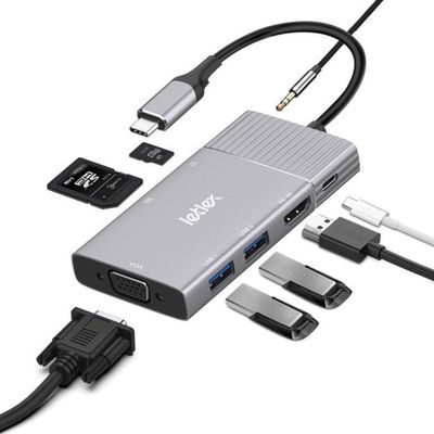 LETLEX Type-C USB C Docking Station - 8 in 1 Dock Station with USB 3.0/SD+TF Card & HDMI/VGA + Headphone Jack 3.5, 4K/30Hz HDMI, Ideal for Disk, Mouse, Keyboard, TV, Phone & More