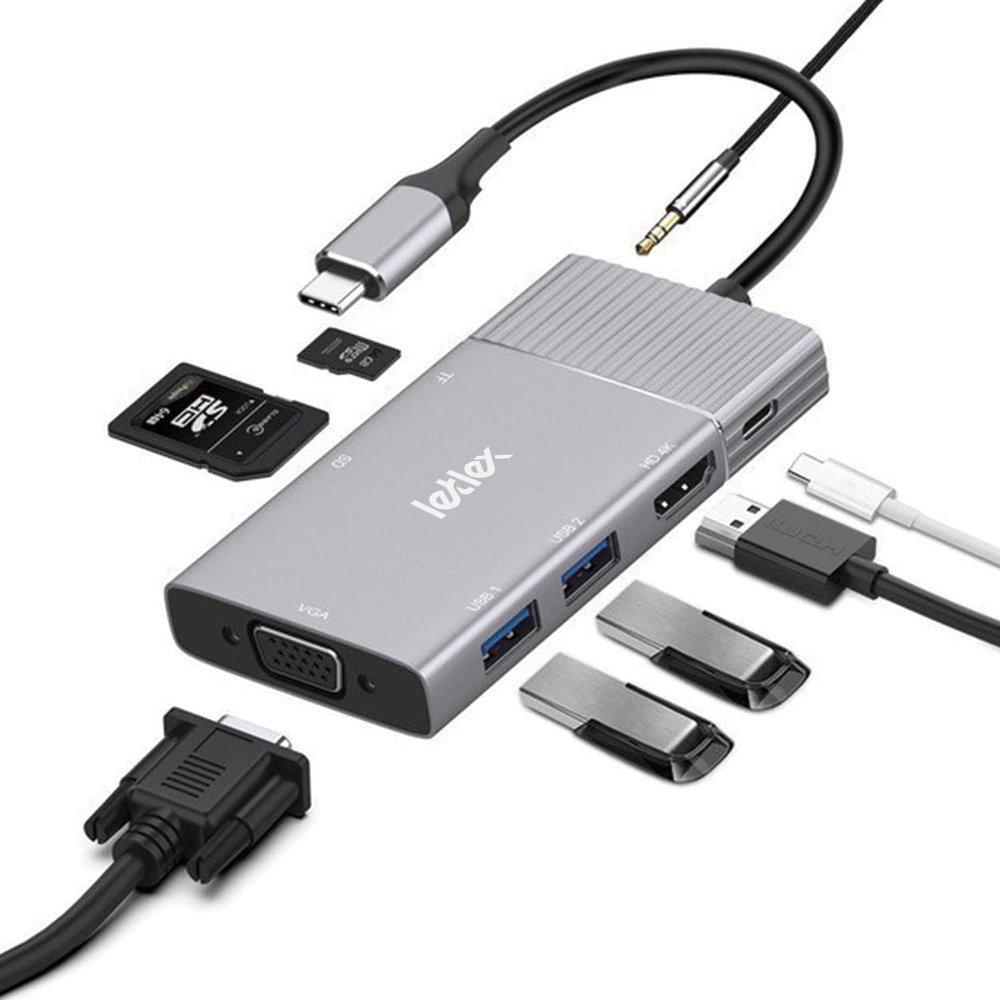 LETLEX Type-C USB C Docking Station - 8 in 1 Dock Station with USB 3.0/SD+TF Card & HDMI/VGA + Headphone Jack 3.5, 4K/30Hz HDMI, Ideal for Disk, Mouse, Keyboard, TV, Phone & More
