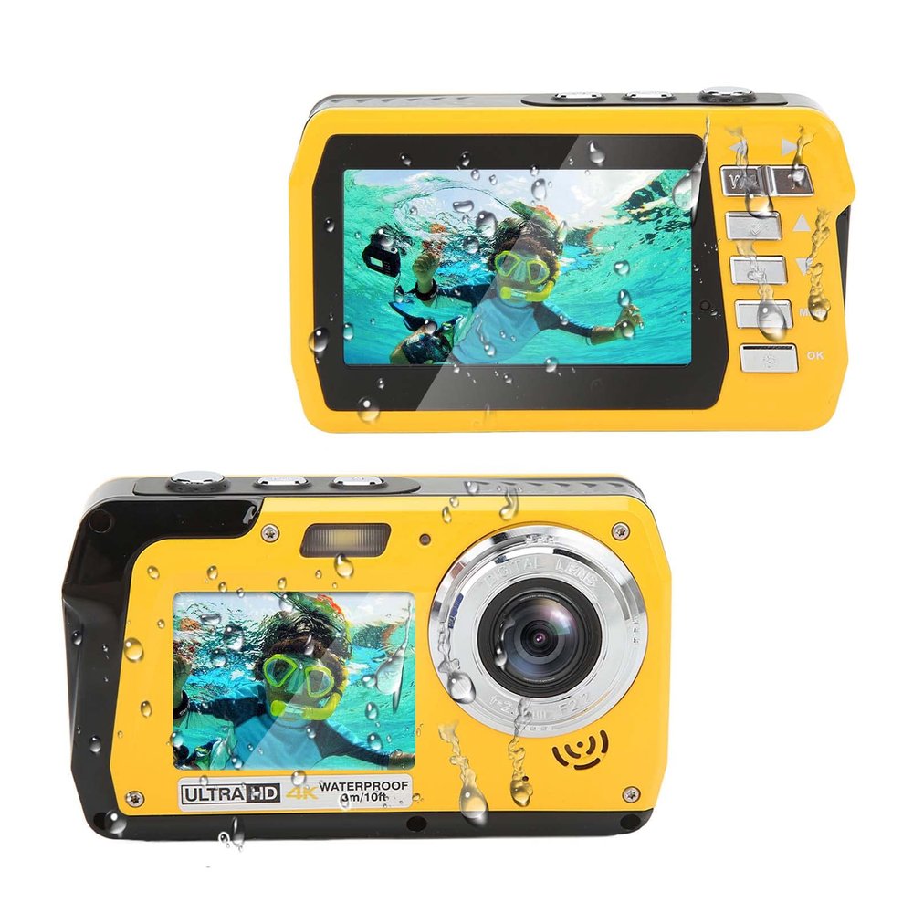Digital Camera, 10ft Underwater Cameras Full HD 4K 56MP Video Recorder Selfie Dual Screens with 18X Digital Zoom, Flashlight, for Snorkeling, Surfing, Swimming