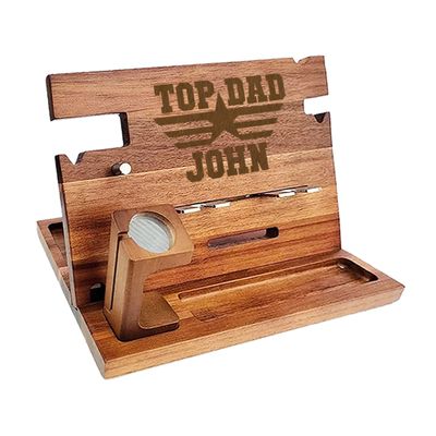 Froolu Personalizable for Dad - Wooden Docking Station Men, Nightstand Organizer Bundle w/ #1 Dad Leather Wallet & Knife - Charging Station, Cell Phone, Tablet Stand