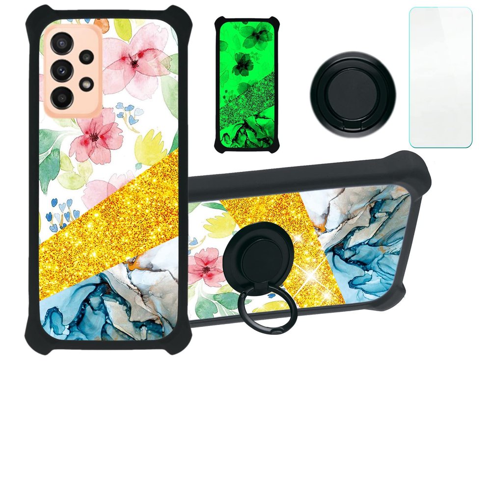 Galaxy A23 5g Case Compatible with Samsung Galaxy A23 5g S236dl Phone Case Cover [with Tempered Glass Screen Protector][Hard PC + Soft Silicone][Ring Support] [Gold Glitter+Luminous] JSH-SHS