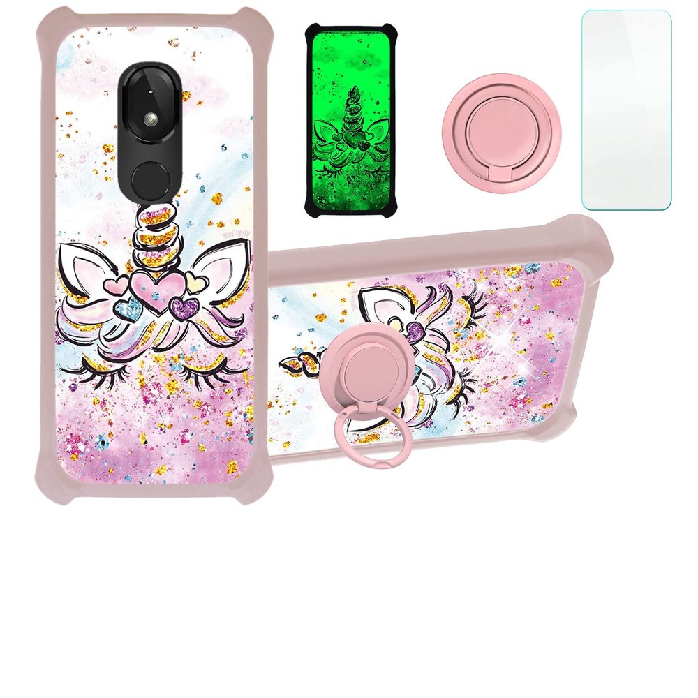 jioeuinly Revvlry Case Compatible with T-Mobile Revvlry Phone Case Cover [with Tempered Glass Screen Protector][Hard PC + Soft Silicone][Ring Support] [Gold Glitter+Luminous] JSF-JJS