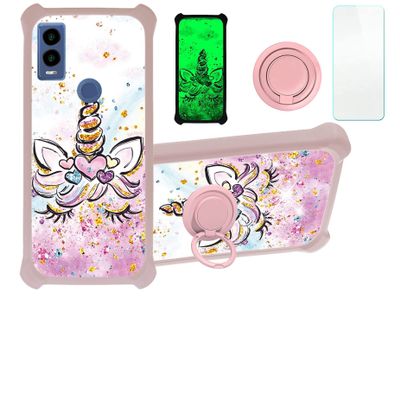 Cricket Innovate E 5g Case Compatible with Cricket Innovate E 5g Phone Case Cover [with Tempered Glass Screen Protector][Hard PC + Soft Silicone][Ring Support] [Gold Glitter+Luminous] JSF-JJS