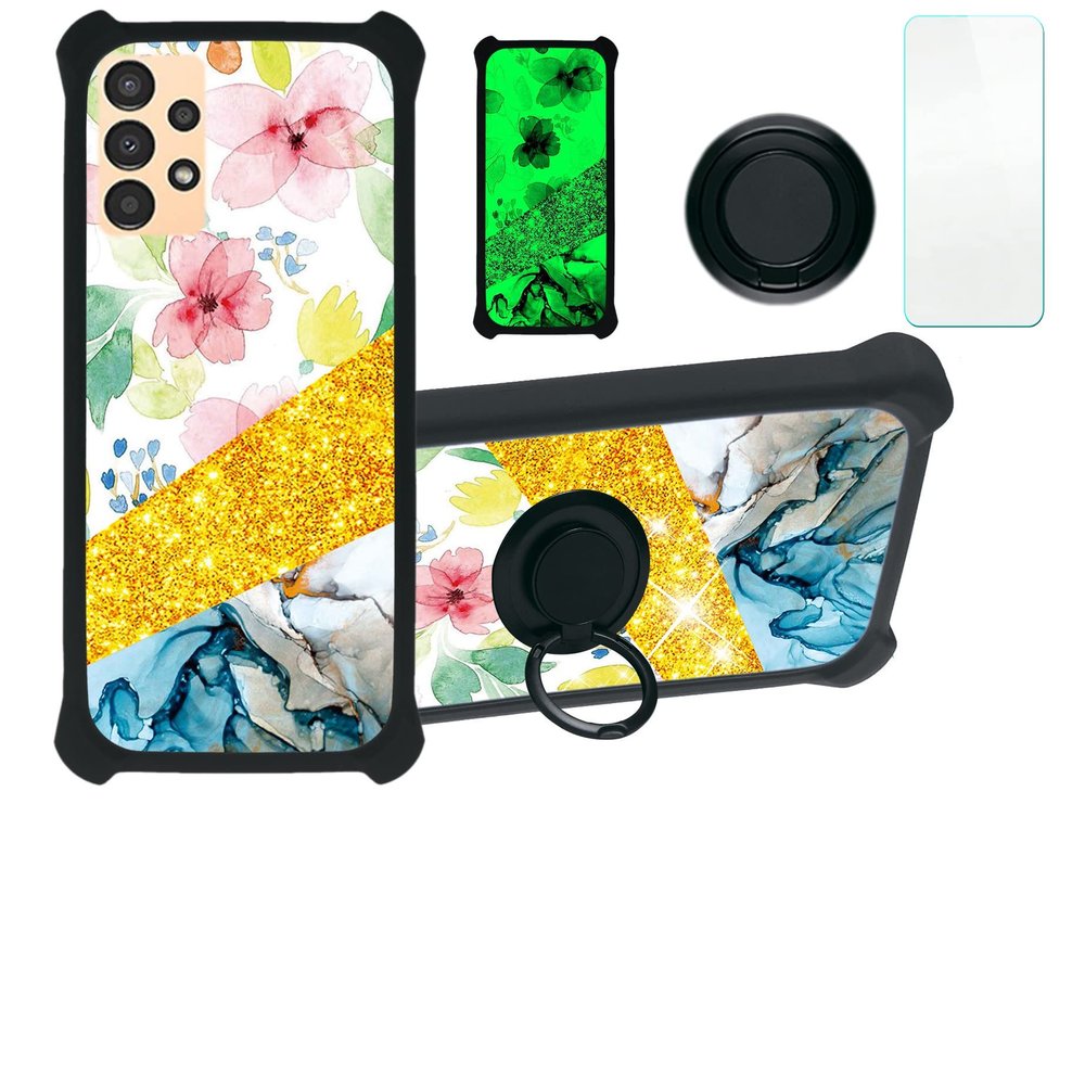 jioeuinly Galaxy A13 4g Case Compatible with Samsung Galaxy A13 4g Phone Case Cover [with Tempered Glass Screen Protector][Hard PC + Soft Silicone][Ring Support] [Gold Glitter+Luminous] JSH-SHS
