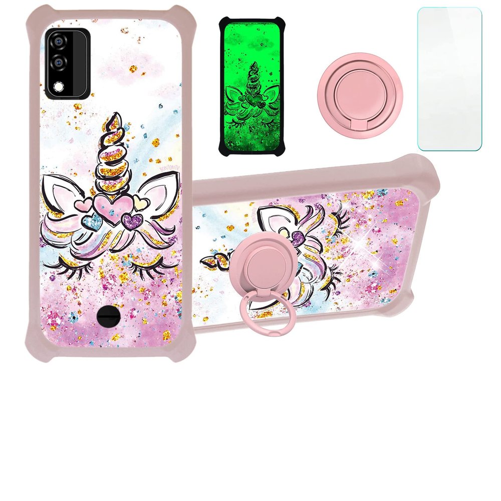 jioeuinly Blu C5 Max Case Compatible with Blu C5 Max Phone Case Cover [with Tempered Glass Screen Protector][Hard PC + Soft Silicone][Ring Support] [Gold Glitter+Luminous] JSF-JJS
