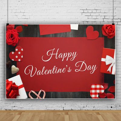 10x6.5ft Happy Valentine's Day Photo Backdrop,Red Rose Love Heart Envelope Gift Rustic Wooden Photography Background for Bridal Shower Valentine Day Dessert Cake Table Decoration