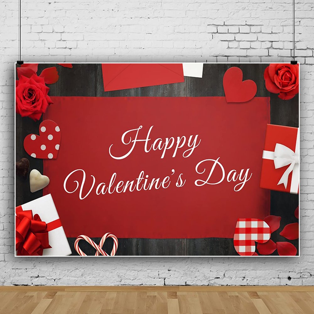 10x6.5ft Happy Valentine's Day Photo Backdrop,Red Rose Love Heart Envelope Gift Rustic Wooden Photography Background for Bridal Shower Valentine Day Dessert Cake Table Decoration