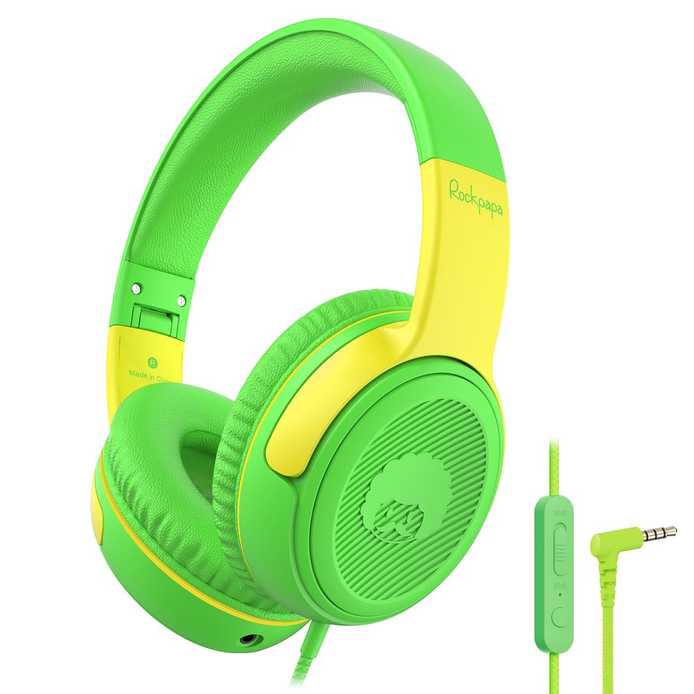 rockpapa Share 1 Kids Headphones Wired with Microphone & Share Port, 85dB/94dB Volume Limited, Cute Foldable Student Child Boys Girls Headphones for School/Classroom/Travel Green/Yellow