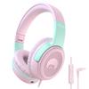 rockpapa Share 1 Kids Headphones Wired with Microphone & Share Port, 85dB/94dB Volume Limited, Cute Foldable Student Child Boys Girls Headphones for School/Classroom/Travel Pink/Green view 1