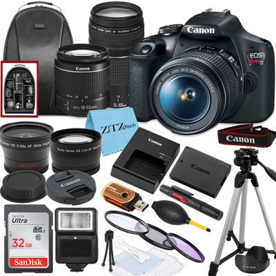 Canon EOS Rebel T7 Digital SLR Camera with EF-S 18-55mm + EF 75-300mm Daul Lens + SanDisk 32GB Memory Card + Tripod + Case + Wideangle Lenses + ZeeTech Accessory Bundle (21pc Bundle) (Renewed)