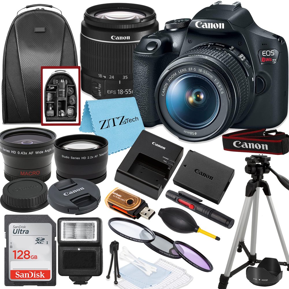 Canon EOS Rebel T7 Digital SLR Camera with EF-S 18-55mm Zoom Lens + SanDisk 128GB Memory Card + Tripod + Case + Wideangle Lenses + ZeeTech Accessory Bundle (20pc Bundle) (Renewed)