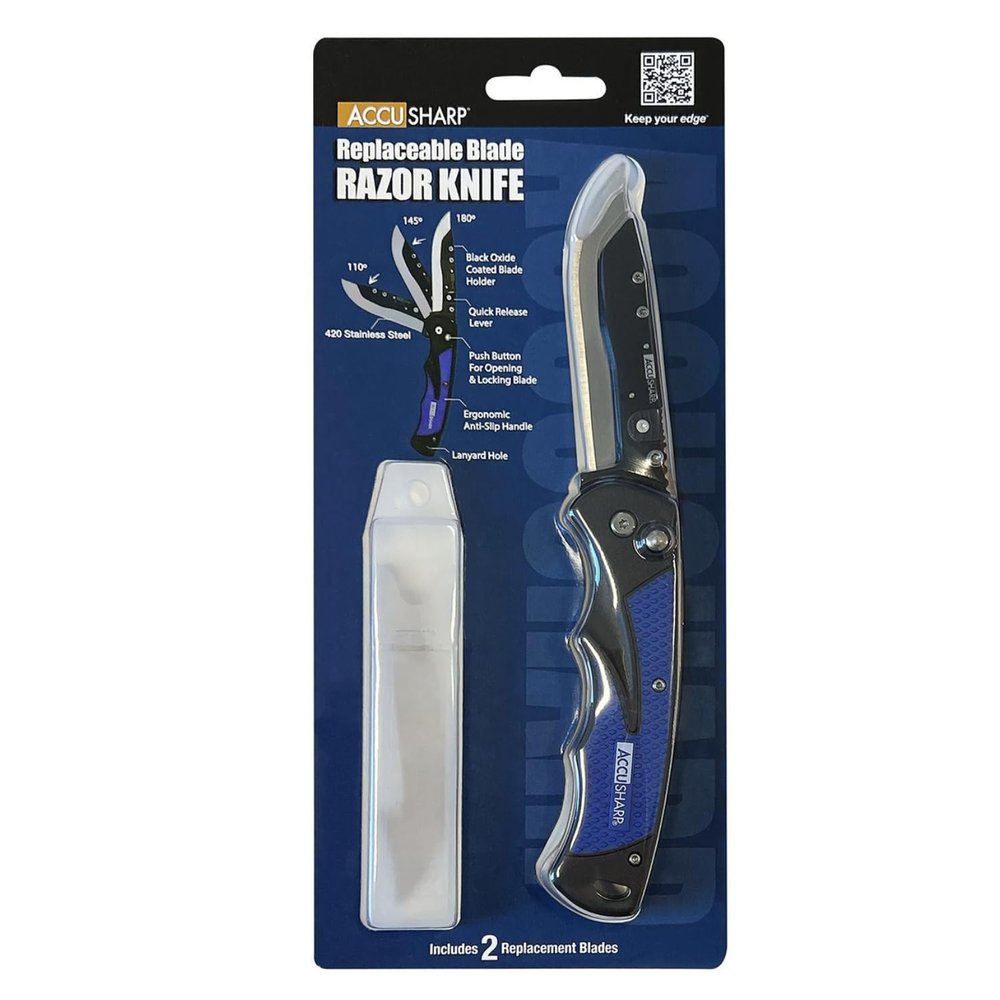 ACCUSHARP 3.5" Replaceable Blade Folding Pocket Knife, Stainless Steel Razor Knife with Replaceable Blades, Clip, Comfort Grip, and Adjustable Opening Angles, Blue