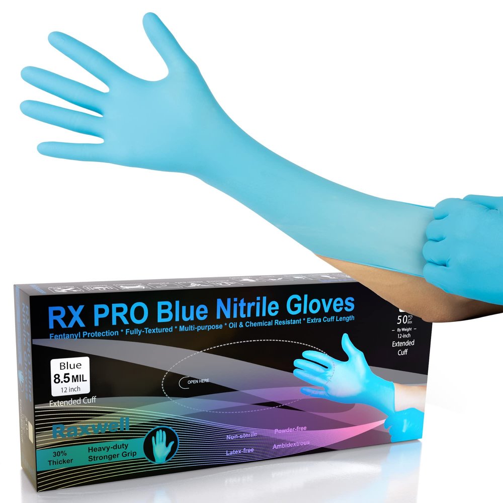 Raxwell Long Dishwashing Gloves - XX-Large, Blue, 50 Count - Disposable Nitrile Rubber Waterproof & Chemical Resistant Extended Cuff - Kitchen Gloves for Washing Dishes & Household Cleaning