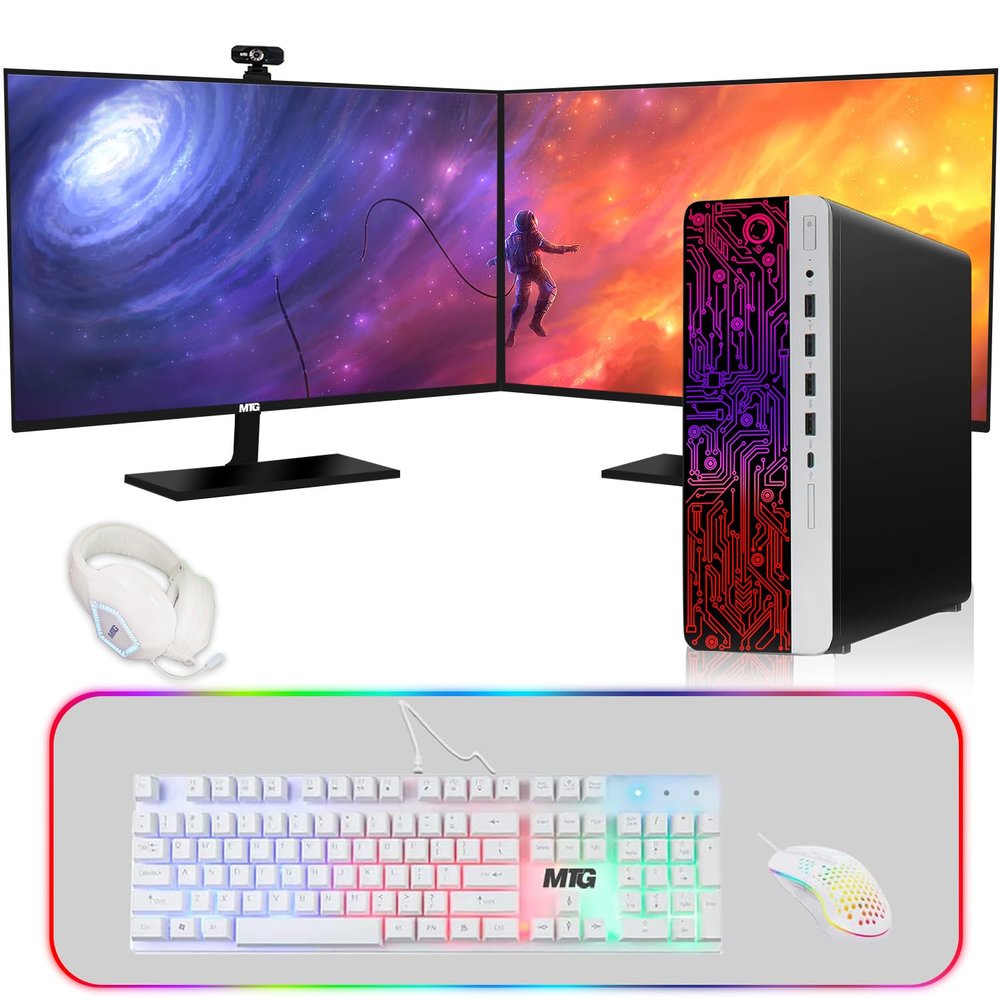 HP G3 Gaming Desktop PC, Intel Core i5 6th Gen, GT 1030 Graphics, 32GB RAM, 240GB SSD + 3TB HDD, MTG New 27 Inch Dual Monitor, Gaming Kit Webcam, Windows 11 (Renewed)