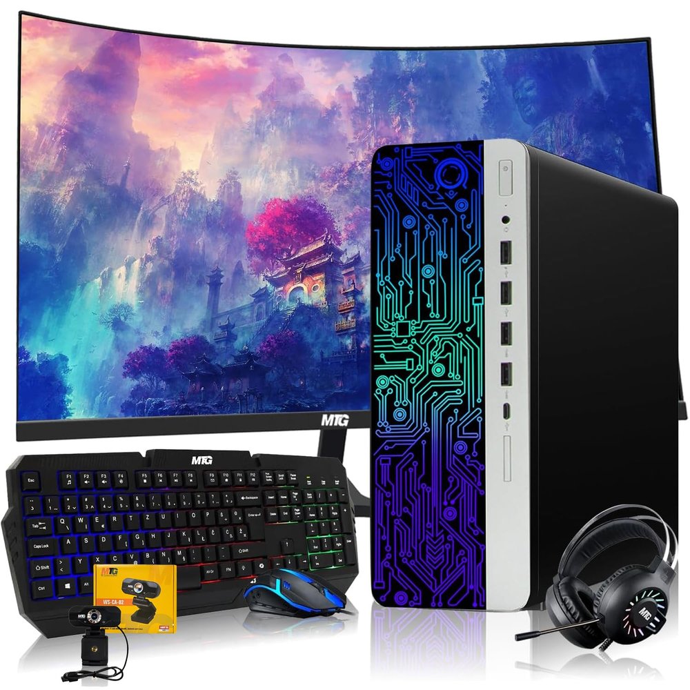 HP G3 RGB Computer PC Intel i5-6th Gen, AMD RX 550 Graphics, 32GB RAM, 1TB SSD + 2TB HDD, MTG New 24 Inch Curved Monitor, RGB Kit, Webcam, Windows 11 Pro (Renewed)