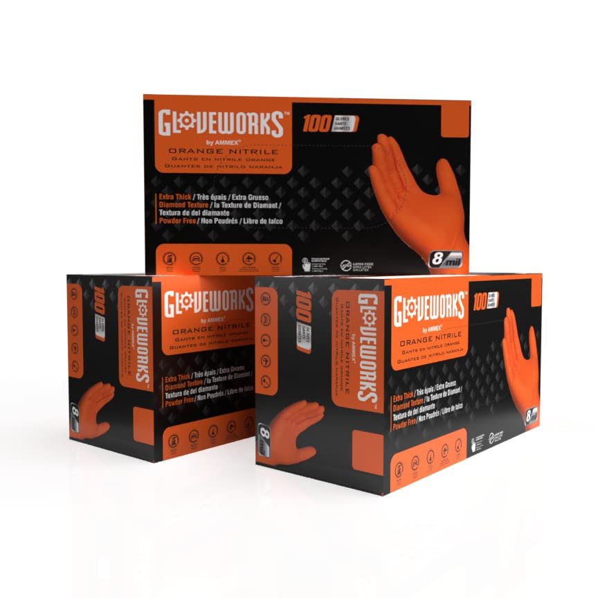 GLOVEWORKS Orange Nitrile Work Gloves 8 Mil Disposable Heavy Duty Raised Diamond Grip, Mechanic Glove, Medium, 3 Boxes of 100