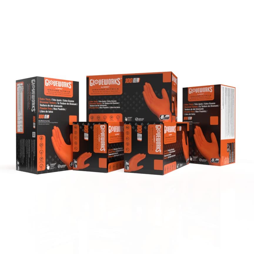 GLOVEWORKS Nitrile Gloves Disposable Orange 8 mil, X-Large 5 Boxes of 100