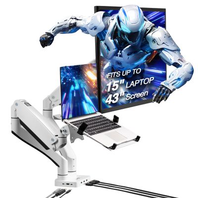 AVLT Dual 17-43" Monitor Arm Desk Mount with 15" Laptop Tray and USB-C Docking Station, HDMI 4K60Hz, USB-A 5Gbps, Ethernet, 100W PD, Fits Two Flat/Curved Monitor - White