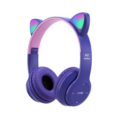 Xiaokeis Kids Headphones, Cat Ear LED Light Up Bluetooth 5.0 Foldable Wireless Gaming Headset for Kids Adult, Built-in Mic Noise Cancelling Over Ear Headphones for Study/Travel(Purple)