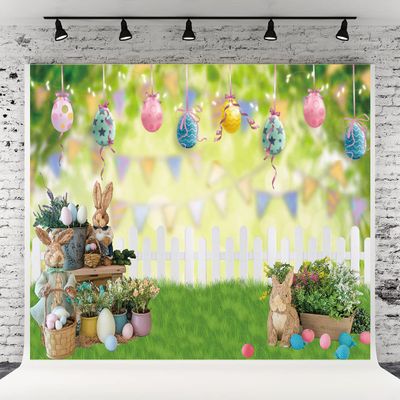 10x10ft Spring Garden Background Easter Photography Backdrop Easter Rabbit Colorful Egg Fence Flag Background Spring Easter Floral Bokeh Photo Studio Booth