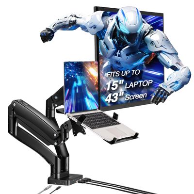 AVLT Dual 17-43" Monitor Arm Desk Mount with 15" Laptop Tray and USB-C Docking Station, HDMI 4K60Hz, USB-A 5Gbps, Ethernet, 100W PD, Fits Two Flat/Curved Monitor - Black