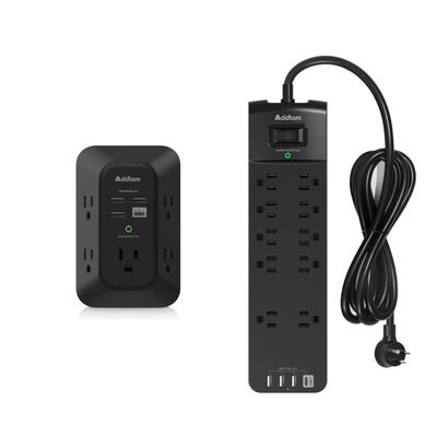 Black USB Wall Charger Surge Protector, 5 Outlet Extender with 4 USB Charging Ports (1 USB C) & Power Strip Surge Protector with 10 Outlets and 4 USB Ports