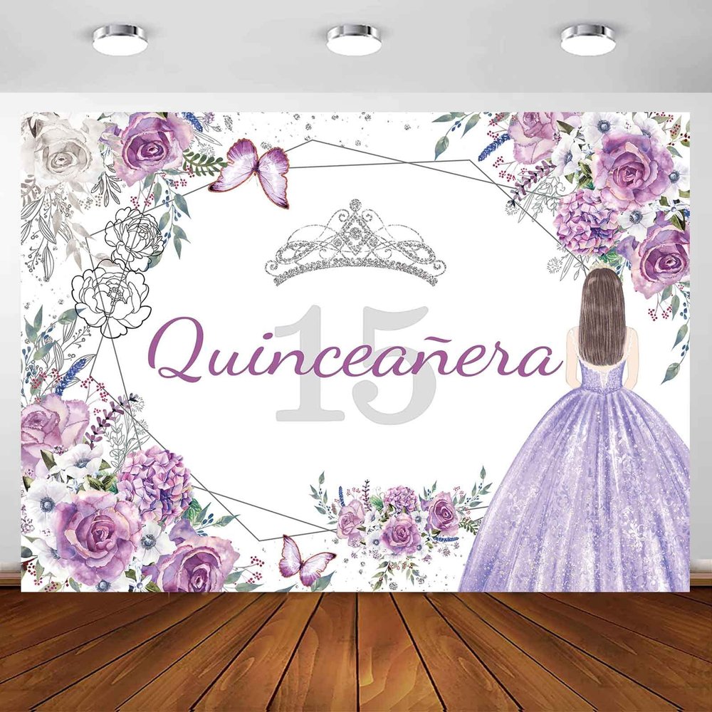 Sensfun Quinceanera 15th Birthday Backdrop for Princess Girl Mis Quince Anos Sweet 15 Birthday Decorations Banner Purple Silver Flowers Butterfly Party Photography Background Photoshoot Props 10x7ft
