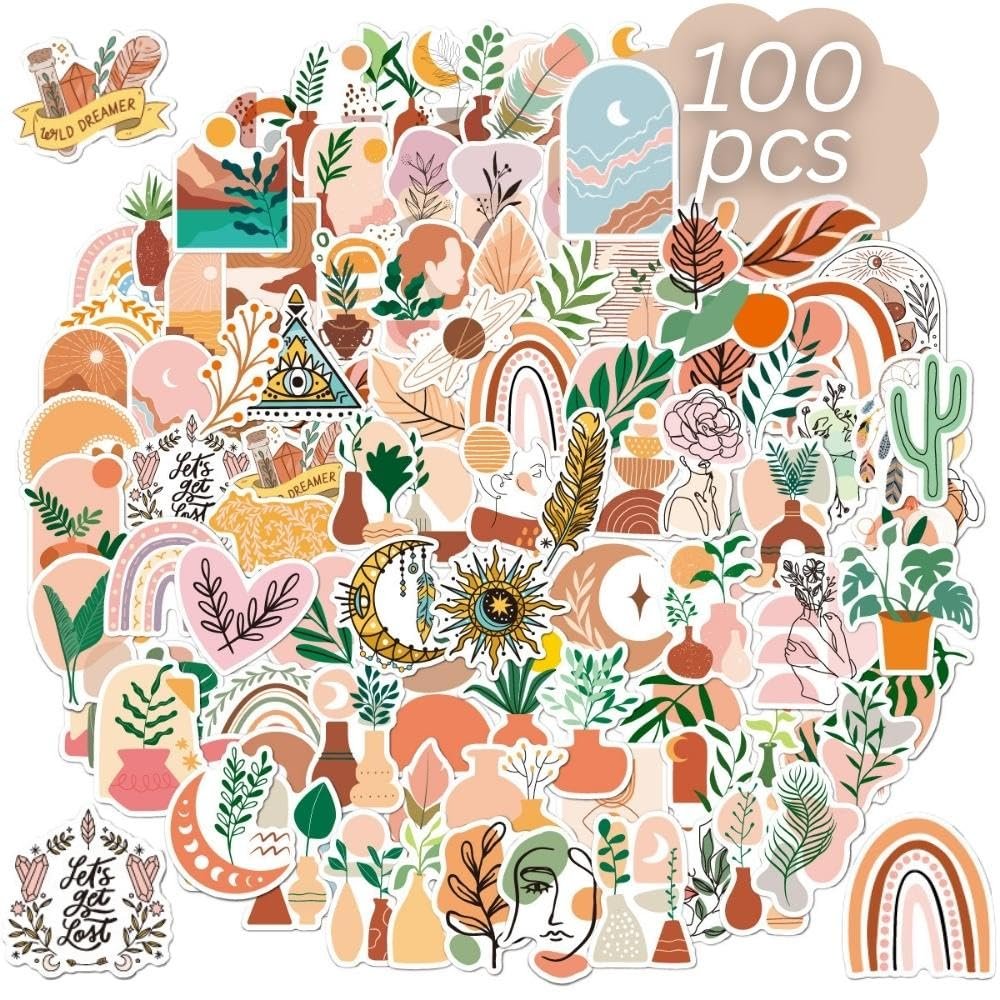 100pcs Bohemia Stickers, Aesthetic Boho Water Bottle Stickers, Cute Aesthetic Stickers, Chromebook Stickers, Assorted Sticker Pack(Stickers for Kids, Teens, Adults)