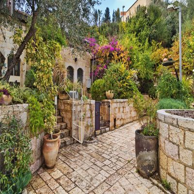 BELECO 8x6ft Fabric Jerusalem Old House Backdrop Jerusalem Old City Street Ancient Stone Wall Buildings Flowers Green Trees Israel Background Israel Travel Portrait Photoshoot Studio Props Wallpaper