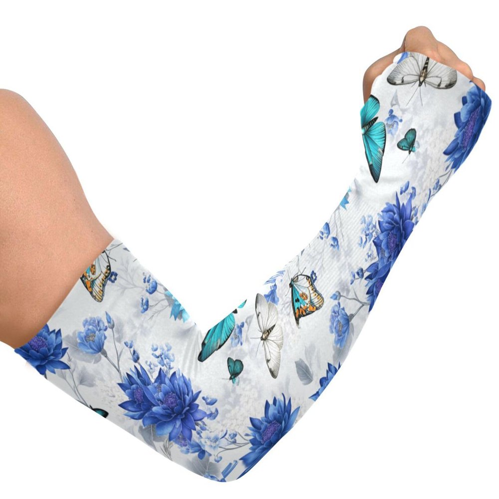 Dussdil Blue Cornflowers Butterflies Gardening Arm Sleeves Spring Floral Farm UV Sun Protection Cooling Arm Sleeves for Garden Farm Women Men with Thumb Hole