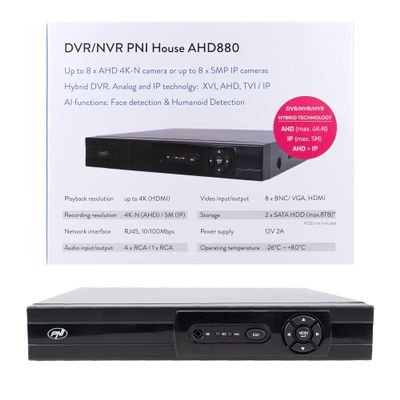 DVR/NVR PNI House AHD880, 8 Analog Channels 4K-N or 8 IP Channels 5MP, H265+, Audio Input, Audio Output, USB2.0, 2 x SATA max 8TB