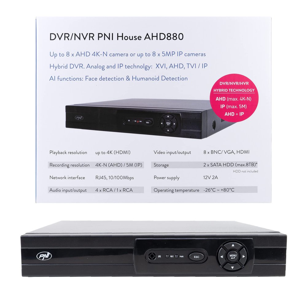 DVR/NVR PNI House AHD880, 8 Analog Channels 4K-N or 8 IP Channels 5MP, H265+, Audio Input, Audio Output, USB2.0, 2 x SATA max 8TB