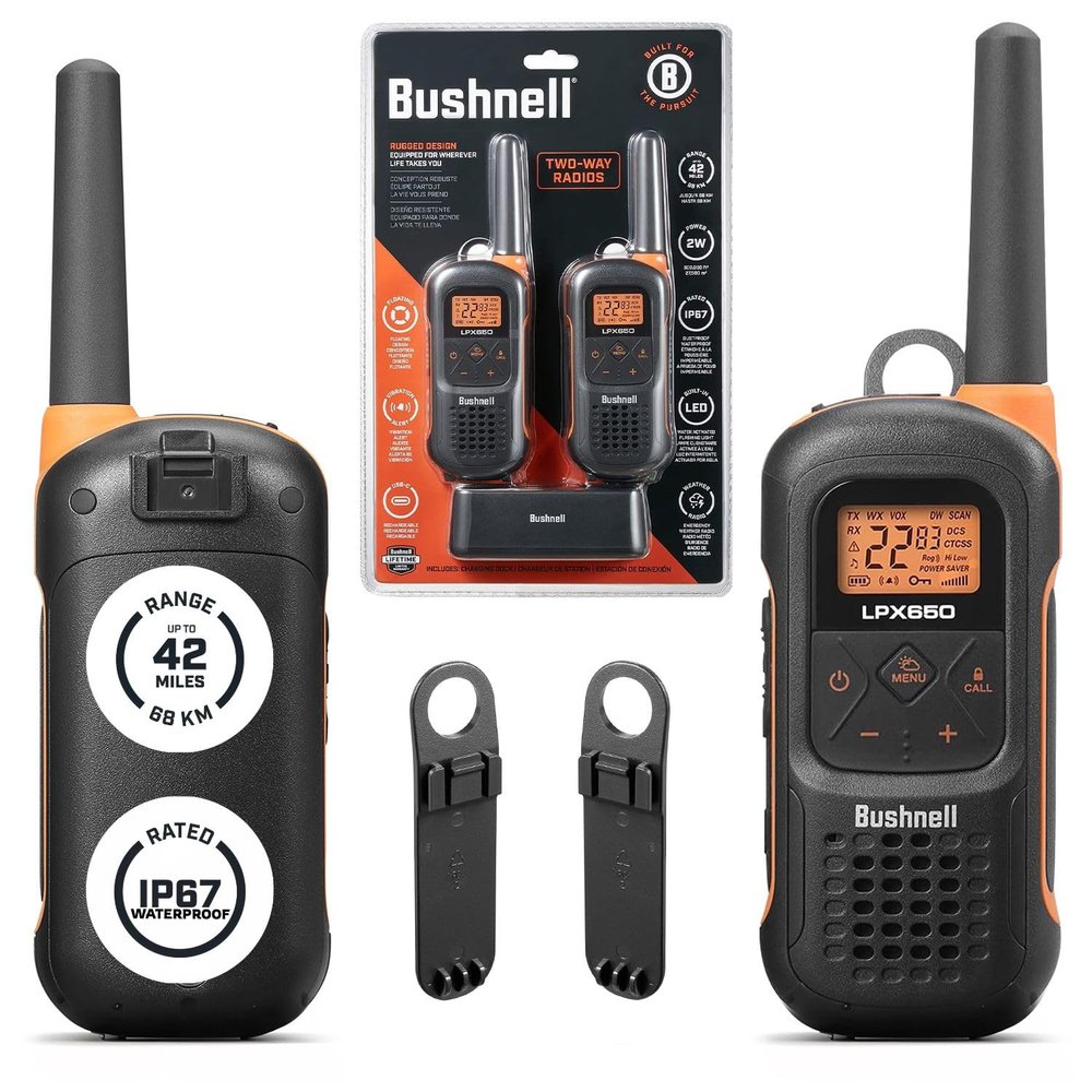 Bushnell LPX650 Walkie Talkie Radio - Reliable Quality, Rugged Floating Design, 2W Power for 42 Miles of Range, Two Way Radios Equipped for Wherever Life Takes You (2 Pack)