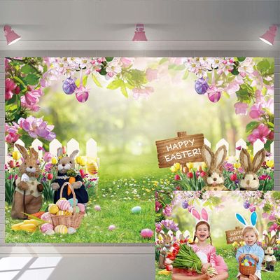 10x8FT Large Spring Easter Photography Backdrop Easter Colorful Eggs Garden Fence Green Grass Bunny Decoration Kids Newborn Baby Birthday Party Background