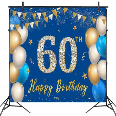 10x8ft Happy 60th Birthday Party Photography Backdrop Gold Blue Balloon Fireworks Sign Birthday Photo Backdrop Backgroud for Birthday Party Decoration Supplies Banner Photoshoot Photography Background