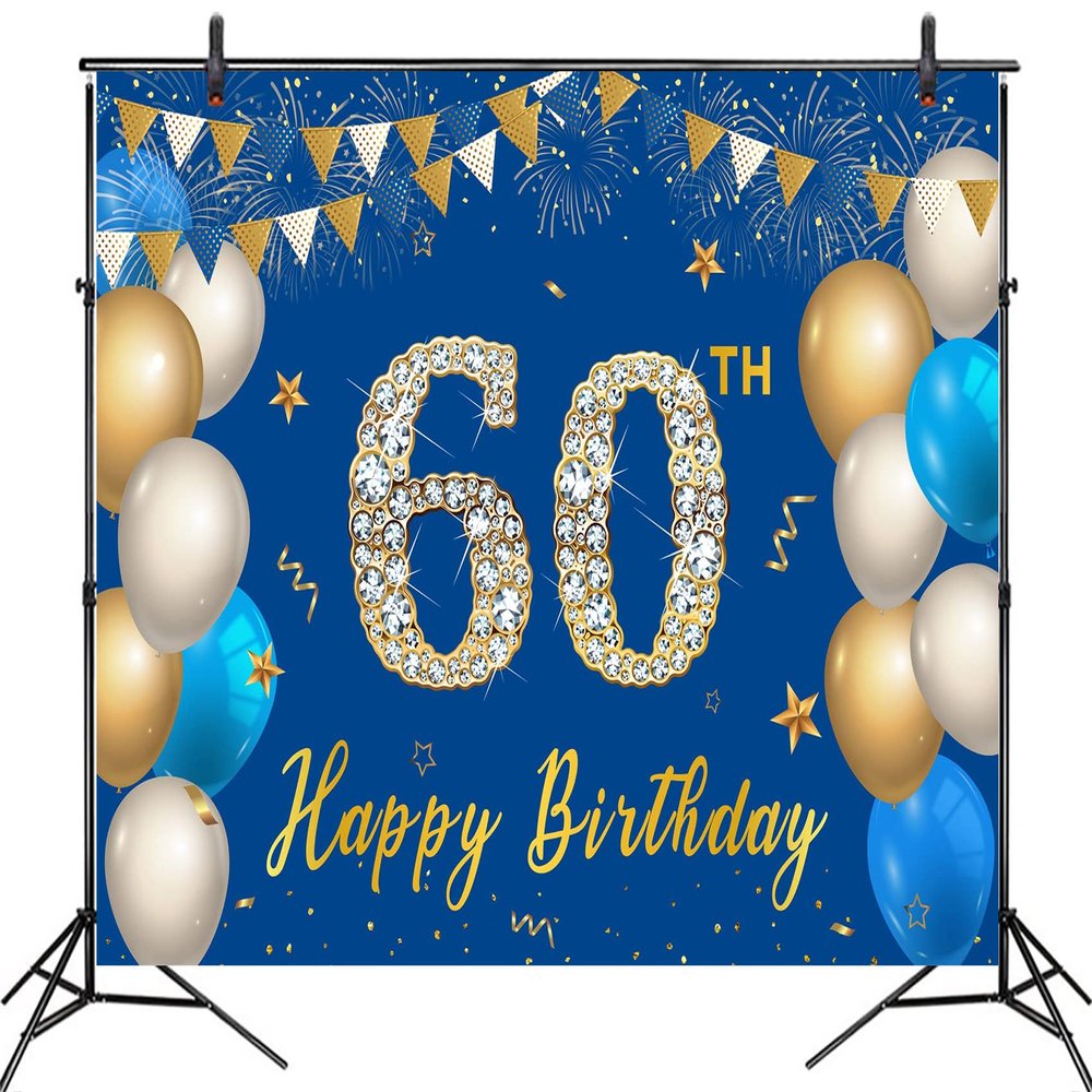 10x8ft Happy 60th Birthday Party Photography Backdrop Gold Blue Balloon Fireworks Sign Birthday Photo Backdrop Backgroud for Birthday Party Decoration Supplies Banner Photoshoot Photography Background